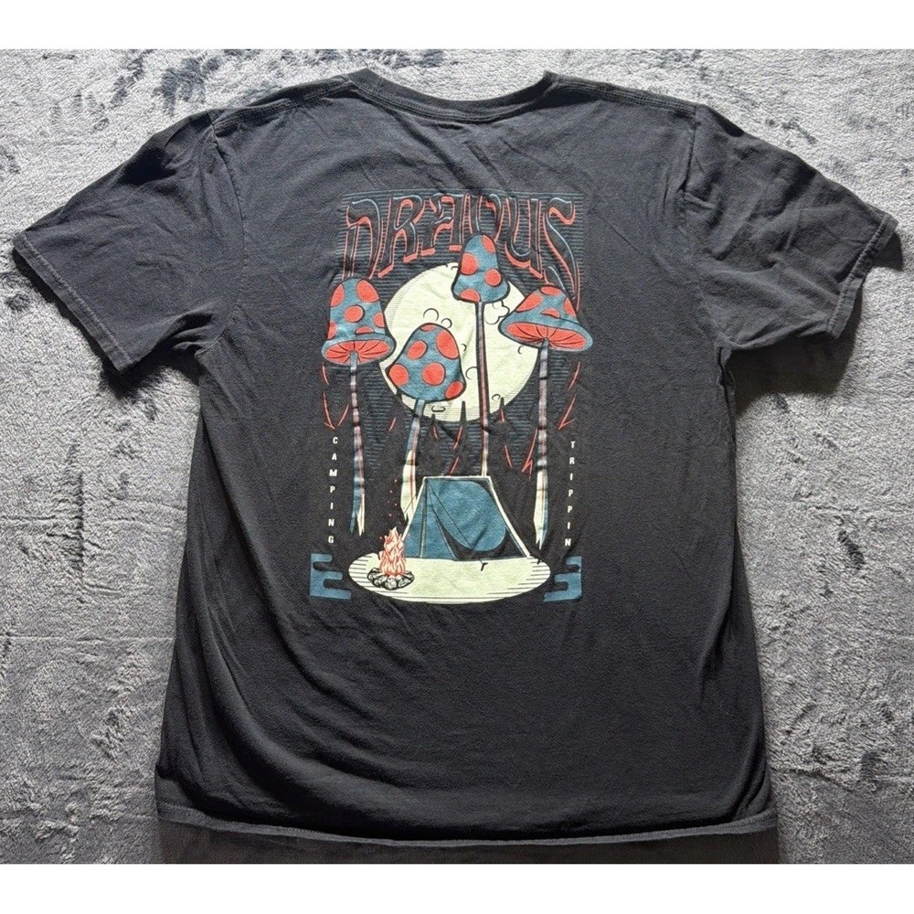 Dravus Mushrooms Camping Campfire T Shirt Black Size Large EUC